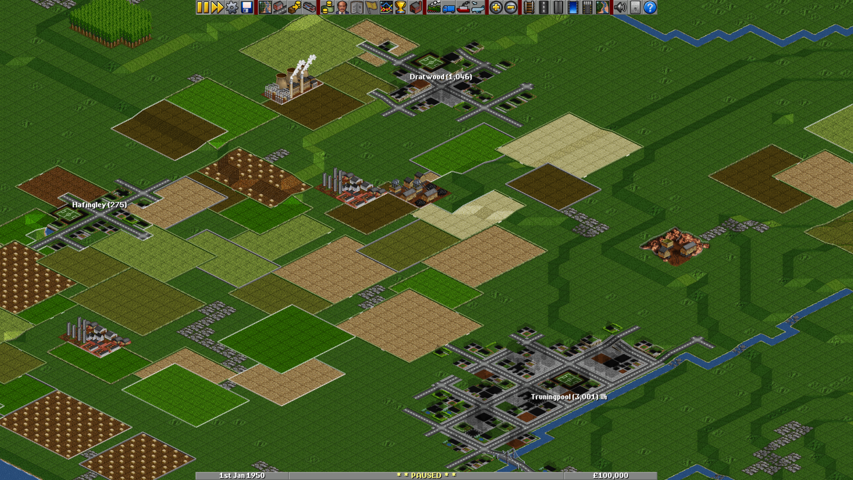 Screenshot of a new game in OpenTTD