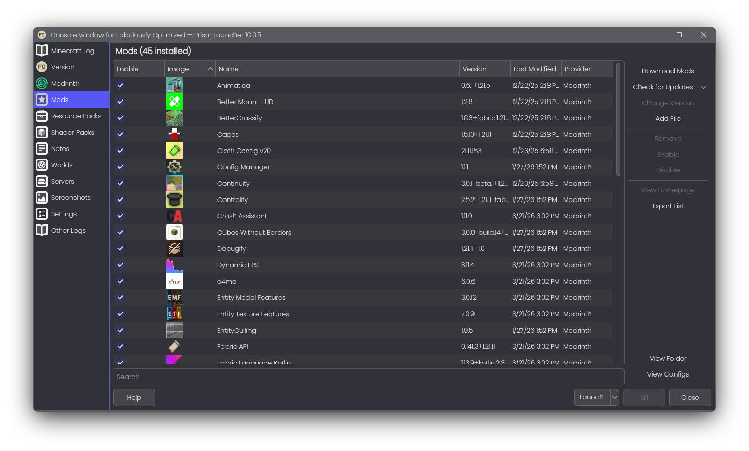 Screenshot of Modlist of a Minecraft Instance
